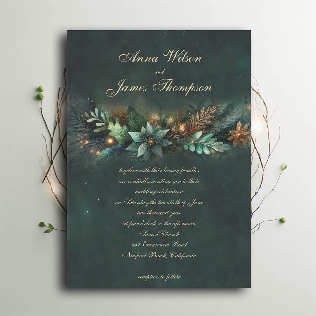 Enchanted Forest Fairytale Calligraphy Wedding Invitation (enchanted forest wedding invitation emerald gold garland calligraphy modern classic)