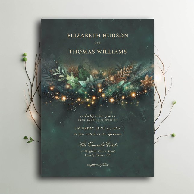 Enchanted Forest Fairytale Gold Wreath Wedding Invitation (enchanted forest wedding invitation emerald gold wreath typography modern classic)