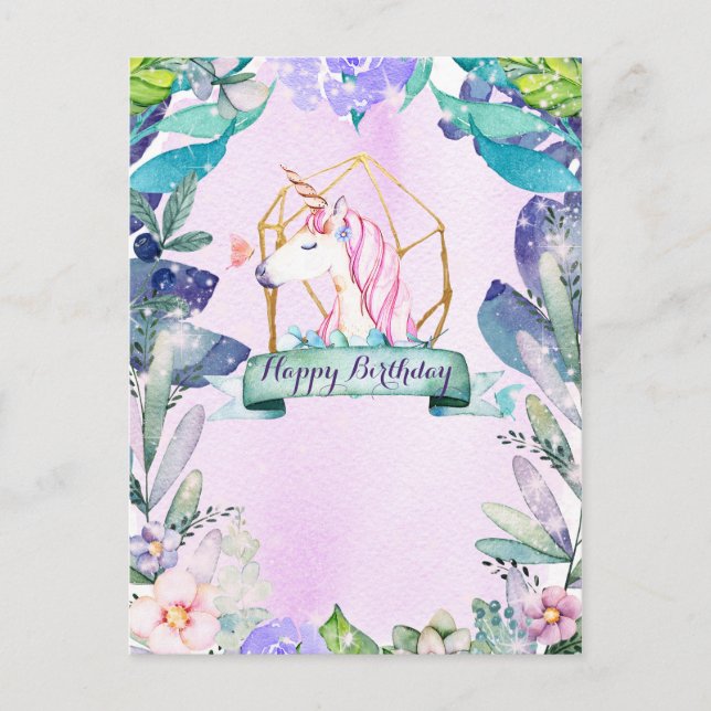 Enchanted Forest Fantasy Magical Unicorn Birthday Postcard (Front)