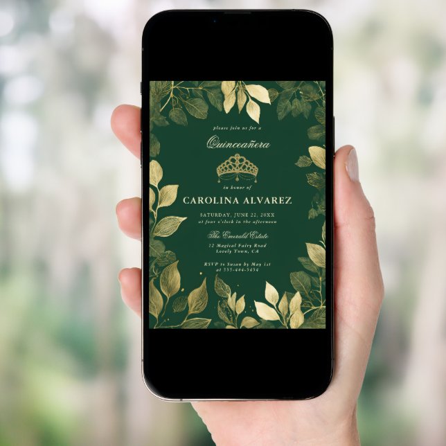 Enchanted Forest Faux Gold Foliage Quinceanera Invitation (Front Digital)