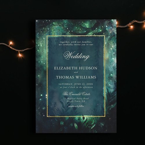 Enchanted Forest Faux Gold Frame Elegant Wedding Invitation