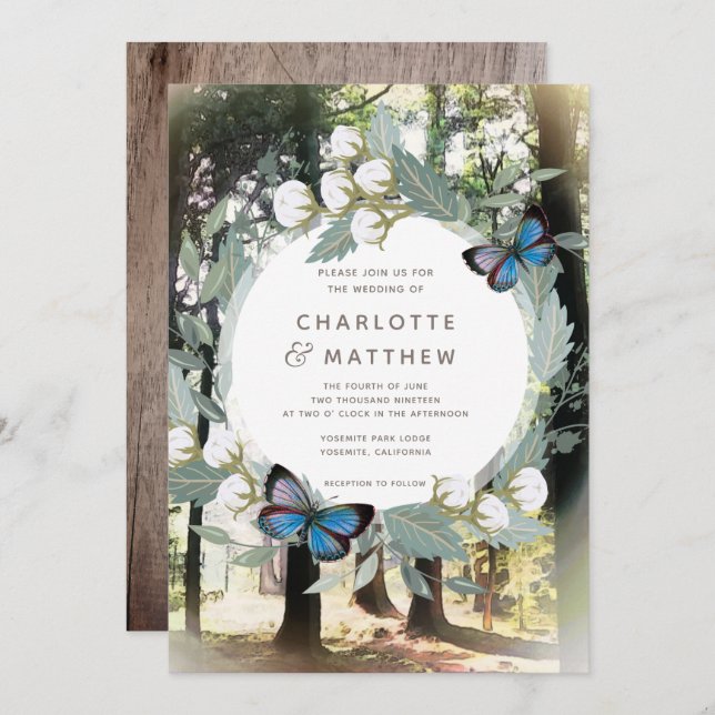 Enchanted Forest Floral Butterfly Green Wedding Invitation (Front/Back)