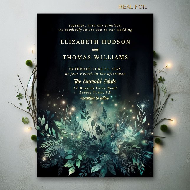 Enchanted Forest Foliage Lights Modern Wedding Foil Invitation (enchanted forest wedding invitation elegant magical fairy garden foliage greenery emerald night GOLD)