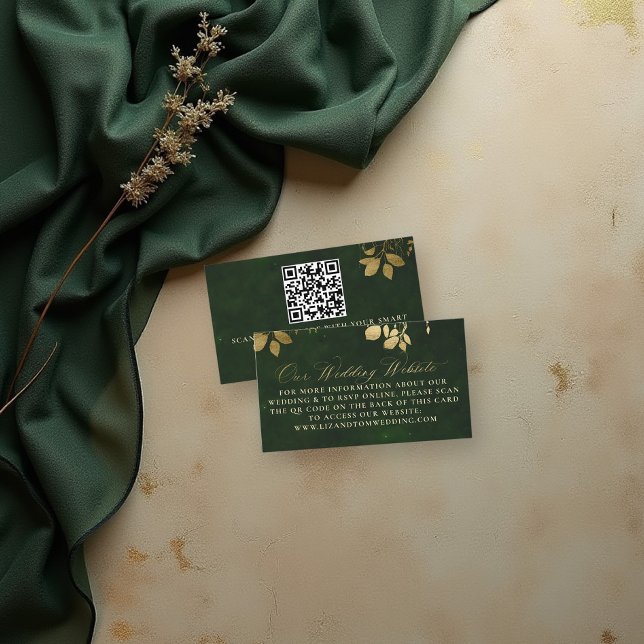 Enchanted Forest Foliage Wedding Website QR Code  Enclosure Card (enchanted forest wedding theme wedding website qr insert card gold foliage hunter green gold elegant)