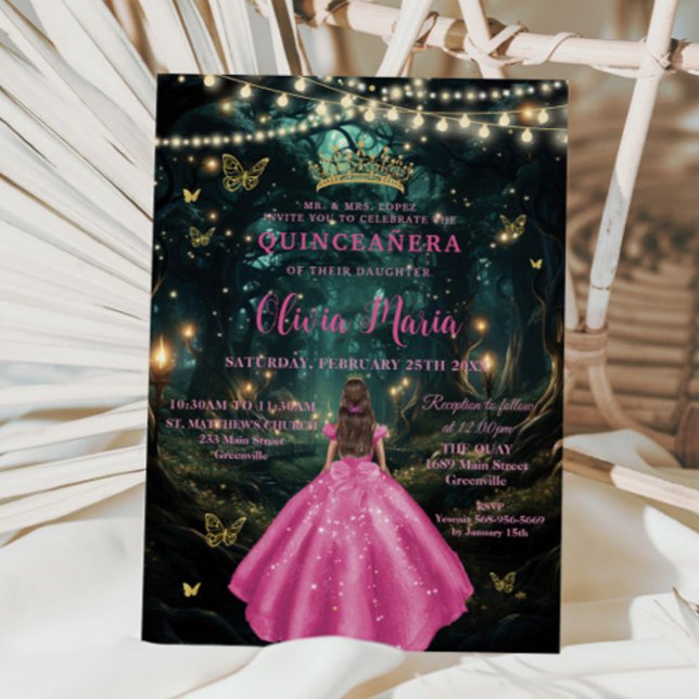 Enchanted Forest Fuchsia Pink Dress XV Quinceañera Invitation (Creator Uploaded)