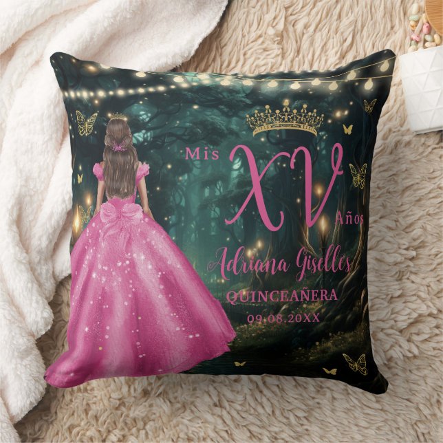 Enchanted Forest Fuchsia Pink Quinceañera Picture Throw Pillow (Blanket)