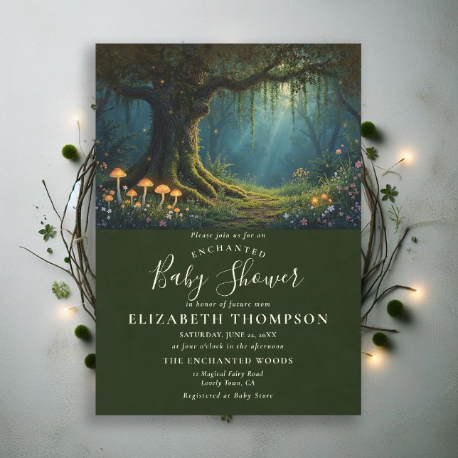 Enchanted Forest Glowing Mushroom Moss Baby Shower Invitation (enchanted forest baby shower theme invite magical fairy tale mushrooms woodland wildflowers)