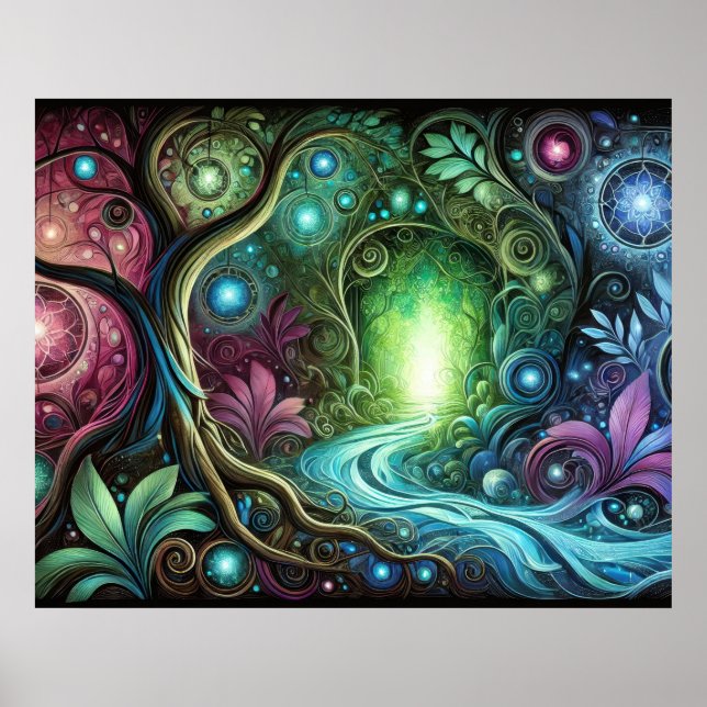 Enchanted Forest Glowing Portal Flowing River Poster (Front)