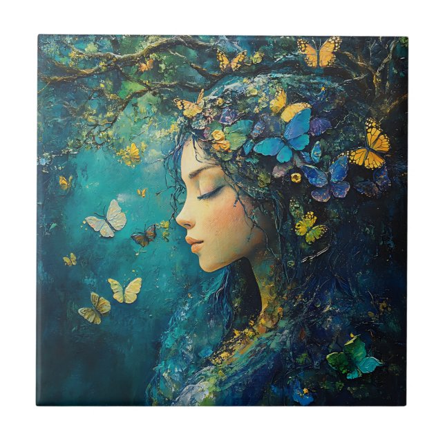 Enchanted Forest Goddess with Butterflies (1) Ceramic Tile (Front)