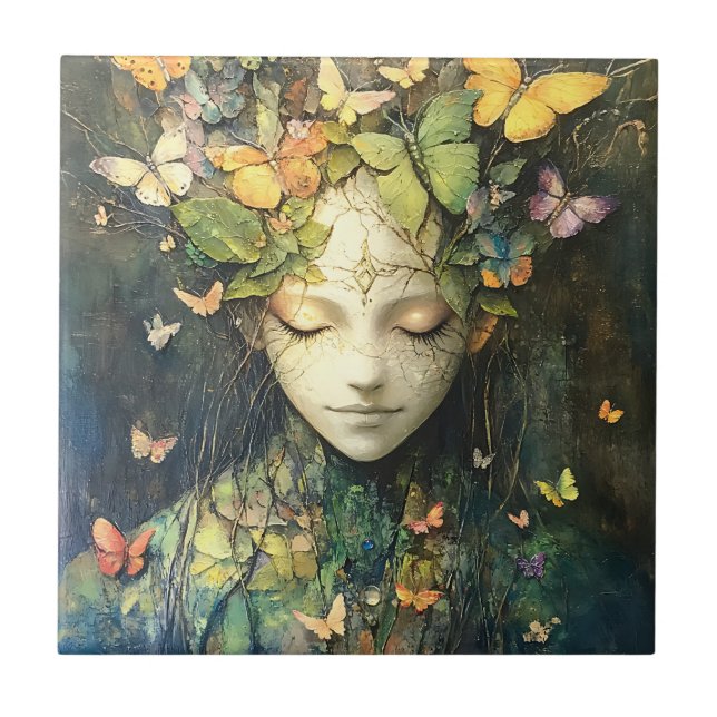 Enchanted Forest Goddess with Butterflies (2) Ceramic Tile (Front)