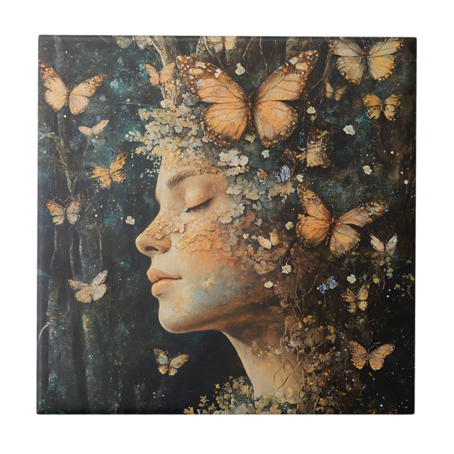Enchanted Forest Goddess with Butterflies (4) Ceramic Tile (Front)