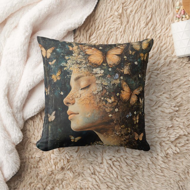 Enchanted Forest Goddess with Butterflies (4) Throw Pillow (Blanket)