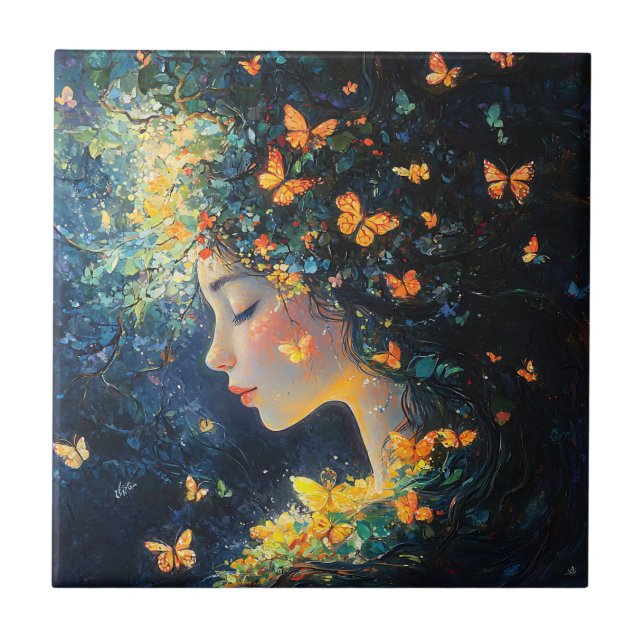 Enchanted Forest Goddess with Butterflies (5) Ceramic Tile (Front)