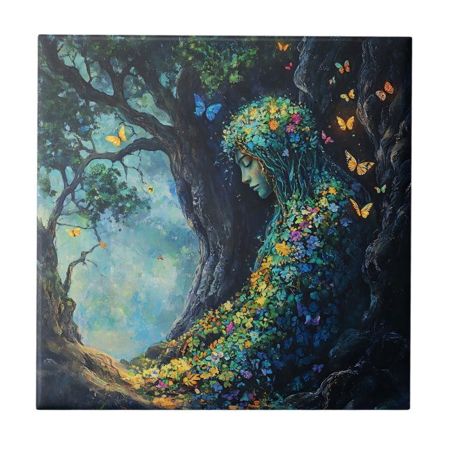 Enchanted Forest Goddess with Butterflies (6) Ceramic Tile (Front)
