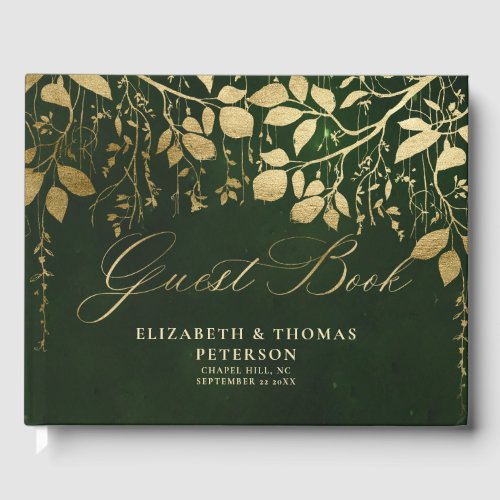 Enchanted Forest Gold Foliage Hunter Green Wedding Guest Book