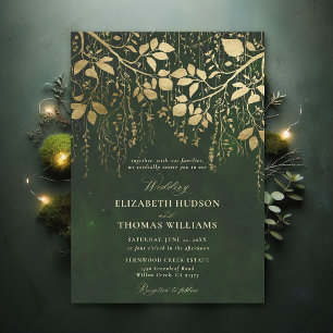 Enchanted Forest Gold Foliage Hunter Green Wedding Invitation