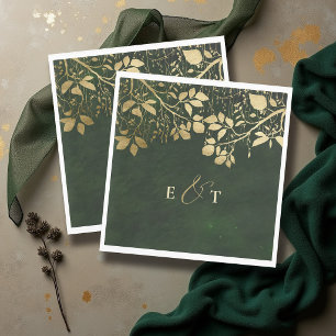 Enchanted Forest Gold Foliage Hunter Green Wedding Napkins