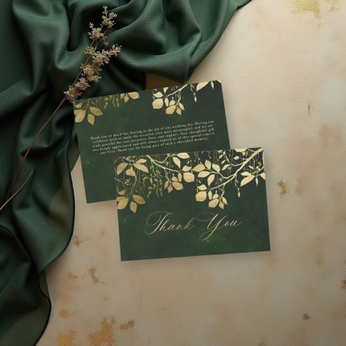 Enchanted Forest Gold Foliage Hunter Green Wedding Thank You Card
