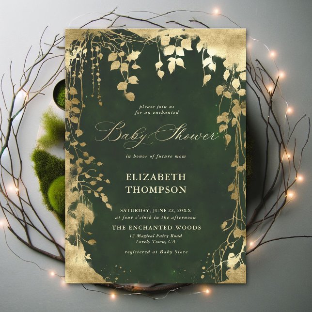 Enchanted Forest Gold Frame Foliage Baby Shower Invitation (Enchanted Forest Hunter Green Greenery Frame Modern Calligraphy Neutral Baby Shower Invitation)