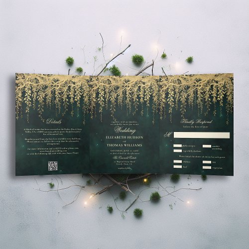 Enchanted Forest Gold Greenery All in One Wedding Tri_Fold Invitation