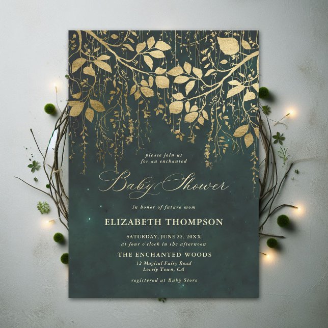 Enchanted Forest Gold Greenery Magical Baby Shower Invitation (Enchanted Forest Emerald Green Draped Greenery Modern Calligraphy Neutral Baby Shower Invitation)