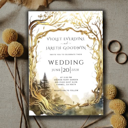 Enchanted Forest Gold Portal Wedding Invitation
