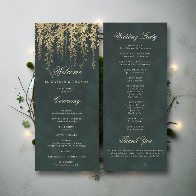 Enchanted forest wedding ceremony program — emerald green gold vines fairytale woodland — Pencil Owl Studios