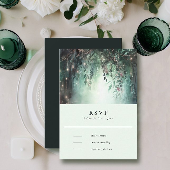Enchanted Forest Gold Vines Mauve Wedding RSVP Card (enchanted forest rsvp card modern elegant romantic watercolor gold vines emerald mauve)