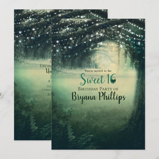 Enchanted Forest Green Blue Lights Sweet 16 Party Invitation (Front/Back)