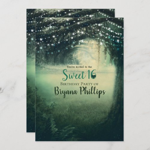 Enchanted Forest Green Blue Lights Sweet 16 Party Invitation