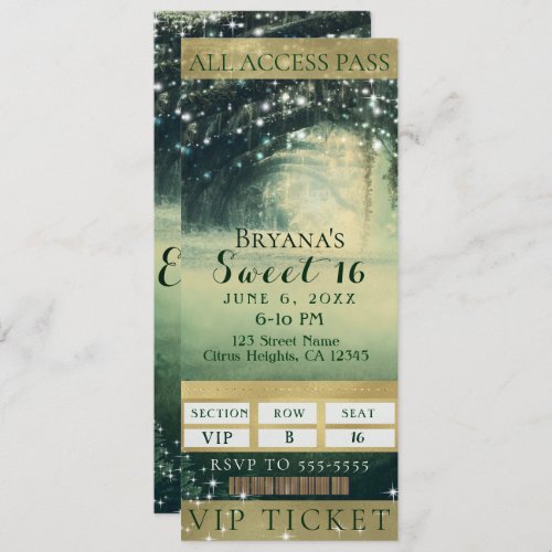 Enchanted Forest Green Blue Lights Sweet 16 Ticket Invitation
