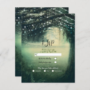 Enchanted Forest Green Blue Lights Wedding RSVP Invitation