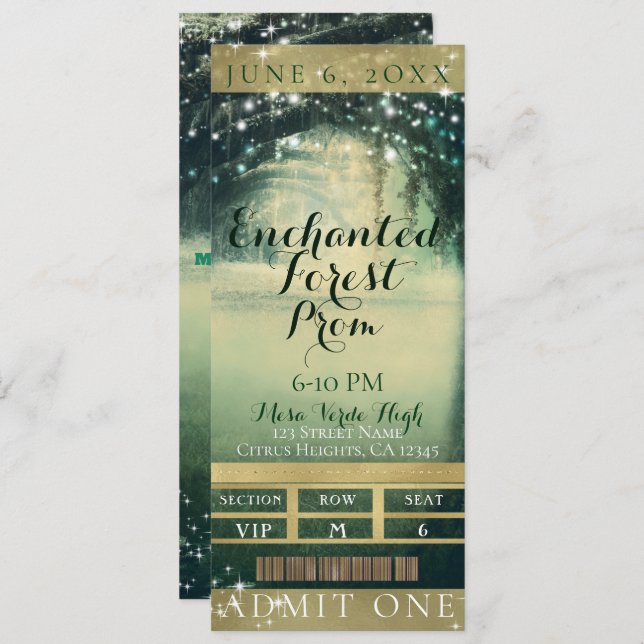 Enchanted Forest Green Blue Prom VIP Party Ticket Invitation (Front/Back)