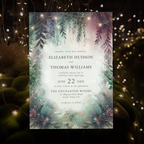 Enchanted Forest Green Mauve Magical Wedding Invitation