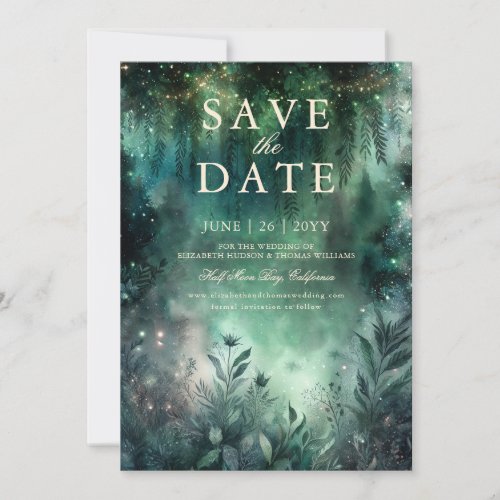 Enchanted Forest Green Mauve Wedding Save the Date Invitation