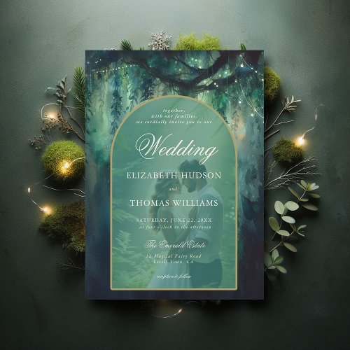 Enchanted Forest Greenery Boho Arch Photo Wedding Invitation
