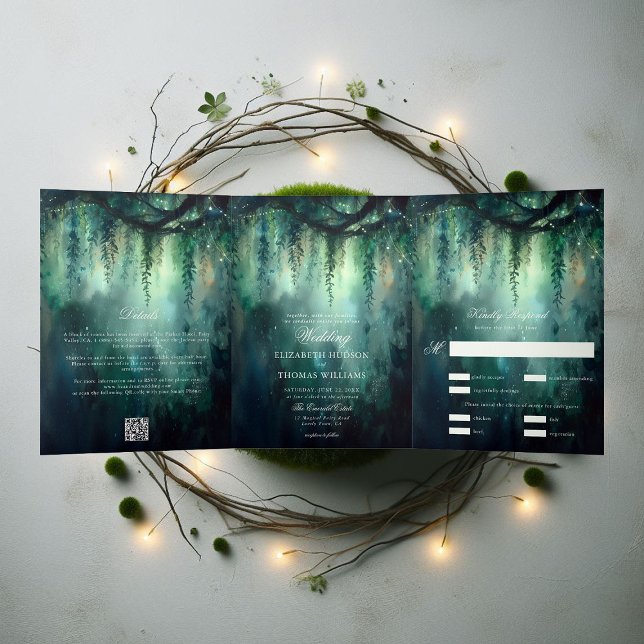 Enchanted Forest Greenery Fairy All in One Wedding Tri-Fold Invitation (enchanted forest all in one wedding invitation trifold magical garden fairy lights emerald vines)