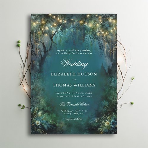 Enchanted Forest Greenery Fairy Gold Light Wedding Invitation