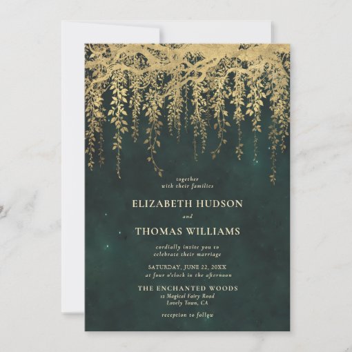 Enchanted Forest Greenery Fairy Gold Wedding Invitation | Zazzle