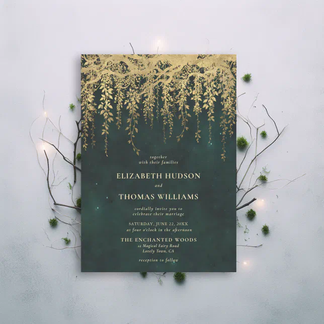 Enchanted Forest Greenery Fairy Gold Wedding Invitation | Zazzle