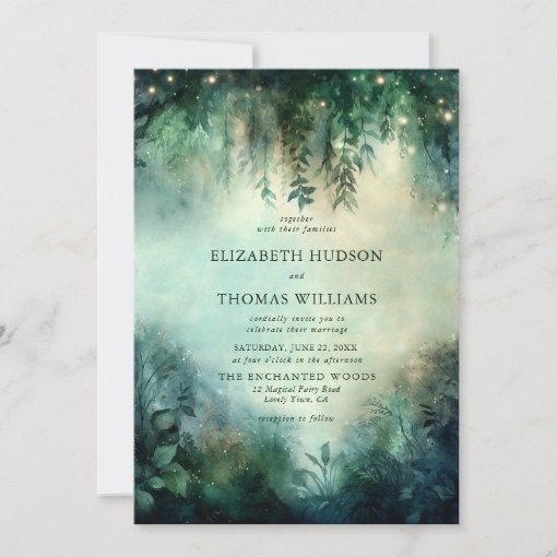 Enchanted Forest Greenery Fairy Lights Wedding Invitation | Zazzle