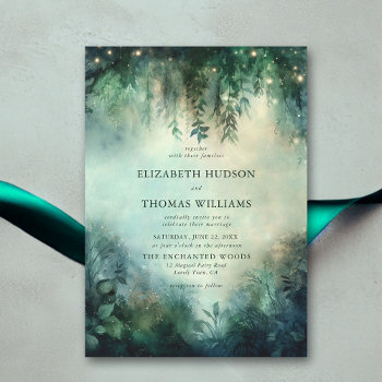 Enchanted Forest Greenery Fairy Lights Wedding Invitation by PencilOwlStudios at Zazzle