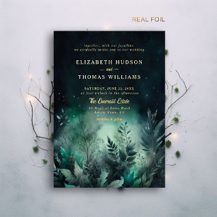 Enchanted Forest Greenery Lights Modern Wedding Foil Invitation