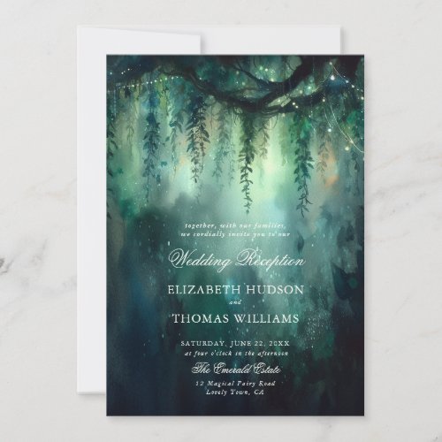 Enchanted Forest Greenery Lights Wedding Reception Invitation