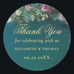 Enchanted Forest Greenery Roses Wedding Favor Classic Round Sticker<br><div class="desc">Enchanted Forest Wedding Sticker | Fairy Tale Woodland Theme | Emerald Green & Gold This enchanted forest wedding sticker features lush, wild greenery, hanging foliage, and tree branches draped with fairy lights in a faux gold effect, creating a romantic, magical atmosphere. A frame of fuchsia pink, purple, and cream roses...</div>
