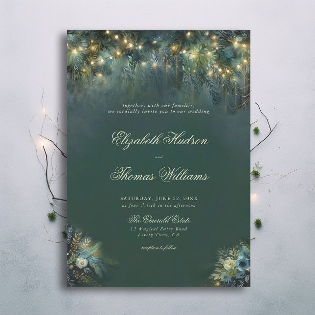 Enchanted Forest Greenery Woodland Romance Wedding Invitation (enchanted forest woodland wedding invitation emerald hunter green gold magical bespoke calligraphy)
