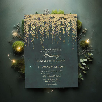 Enchanted Forest Hanging Gold Greenery Wedding Invitation by PencilOwlStudios at Zazzle