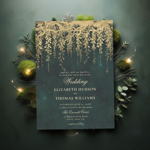 Enchanted forest wedding invitation — emerald green and gold hanging greenery fairytale woodland — Pencil Owl Studios