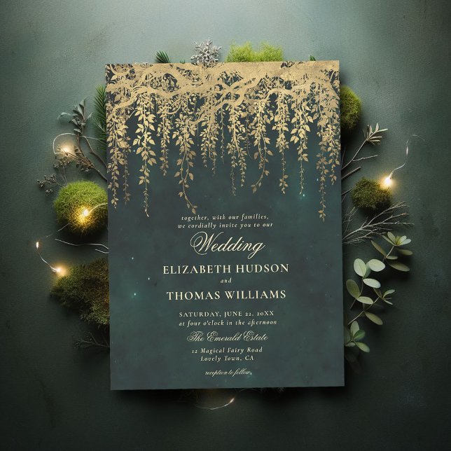 Enchanted Forest Hanging Gold Greenery Wedding Invitation (enchanted forest gold vines wedding invitation magical fairy garden gold emerald elegant classic)