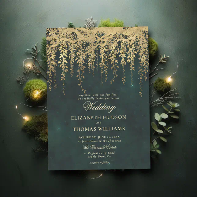 Enchanted Forest Hanging Gold Greenery Wedding Invitation | Zazzle